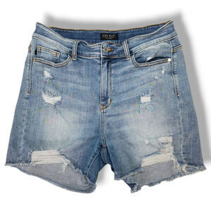 Judy Blue Plus 1XL Paint-Splatter Distressed Denim Shorts High-Rise Raw-Hem EUC